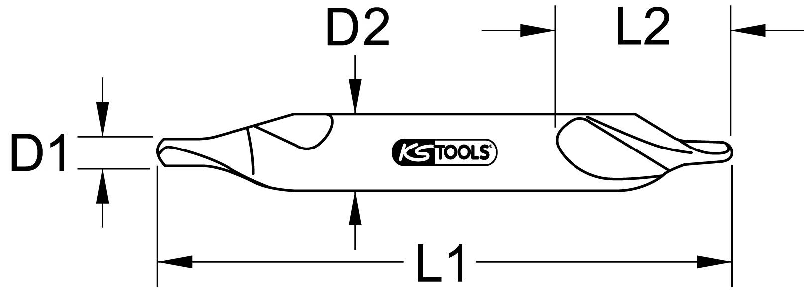 'Ilustrace klíče s rozměry: D1, D2, L1, L2; logo "KS Tools" uprostřed; technický diagram pohledu na klíč.'
