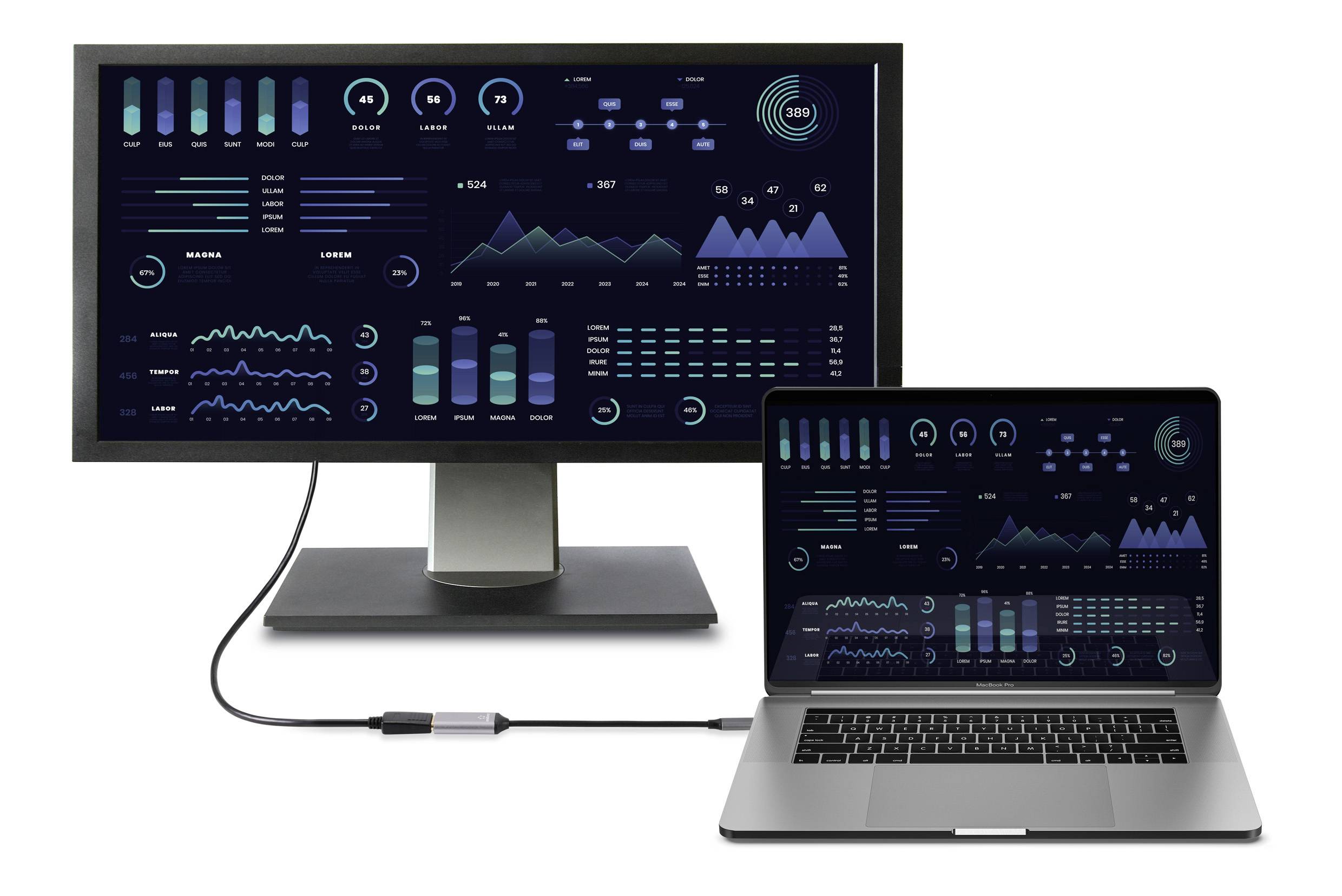 Stolní monitor a laptop zobrazují přehledové panely s datovými vizualizacemi a grafy. Oba obrazovky jsou propojeny kabelem.