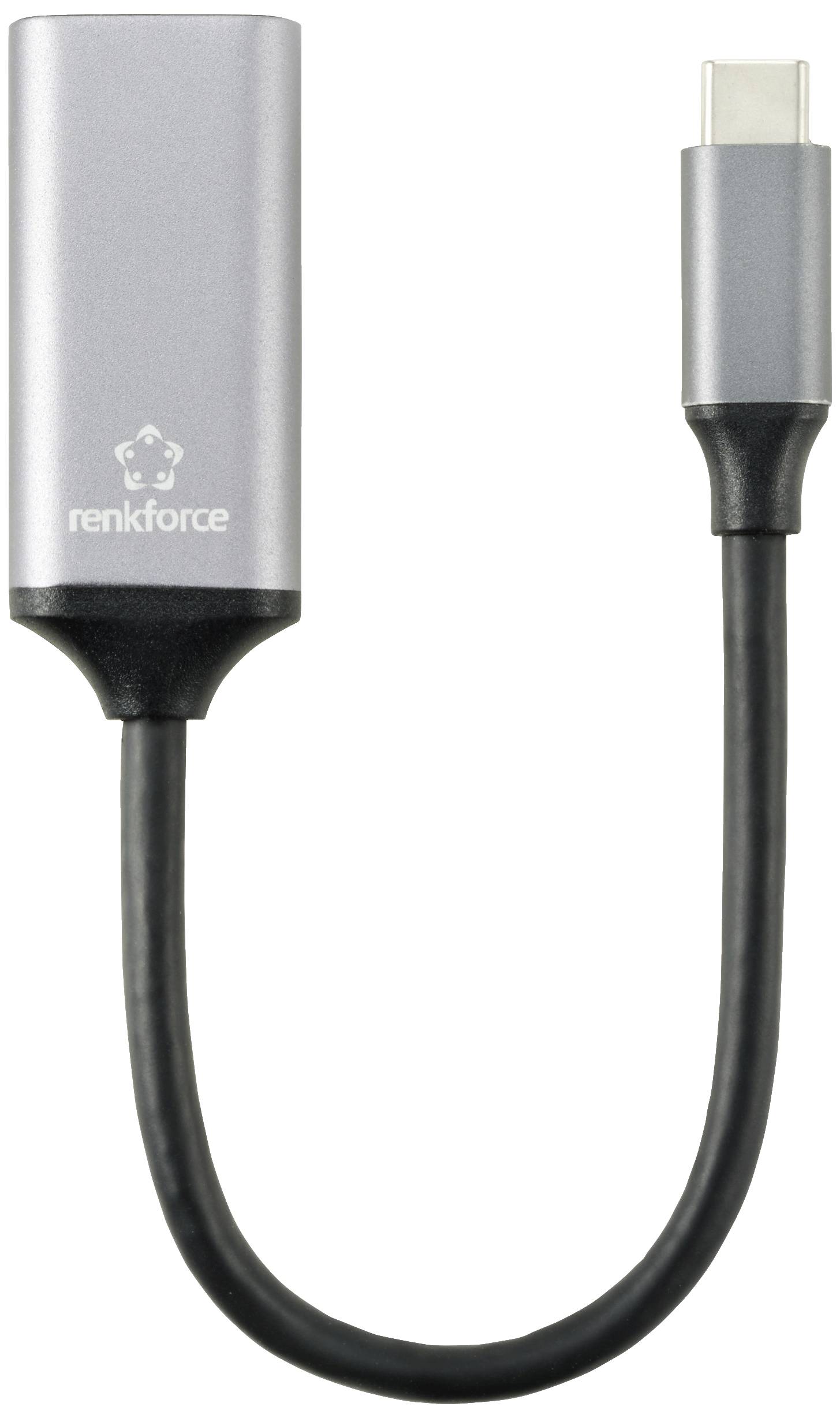 USB-C na HDMI adaptér, stříbrné pouzdro, krátký černý propojovací kabel, umožňuje připojení HDMI zařízení k zařízením s USB-C.