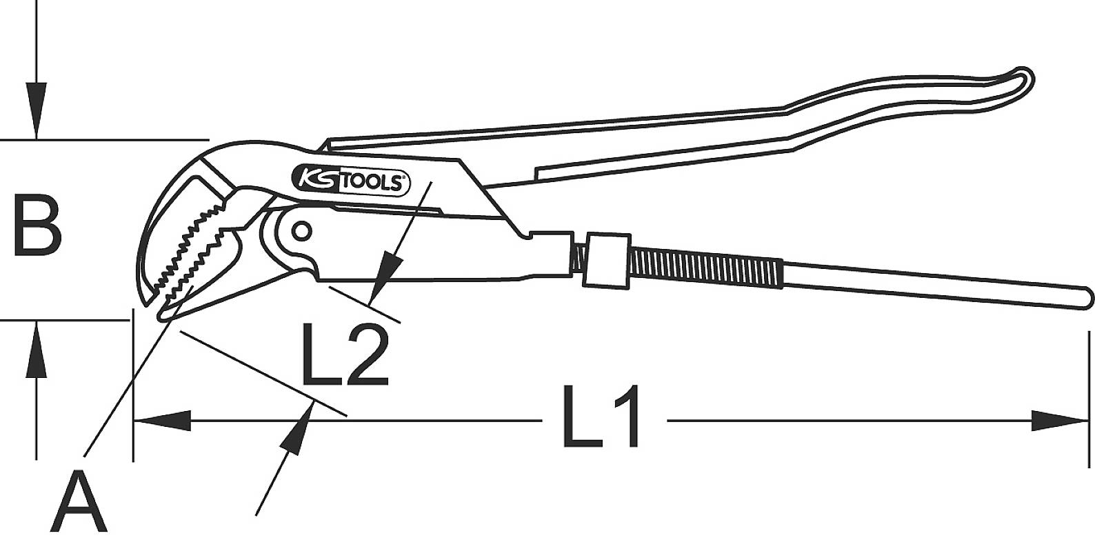 Kresba kleští se štítky 'A', 'B', 'L1', 'L2'; zobrazuje rozměry a detaily nástroje.