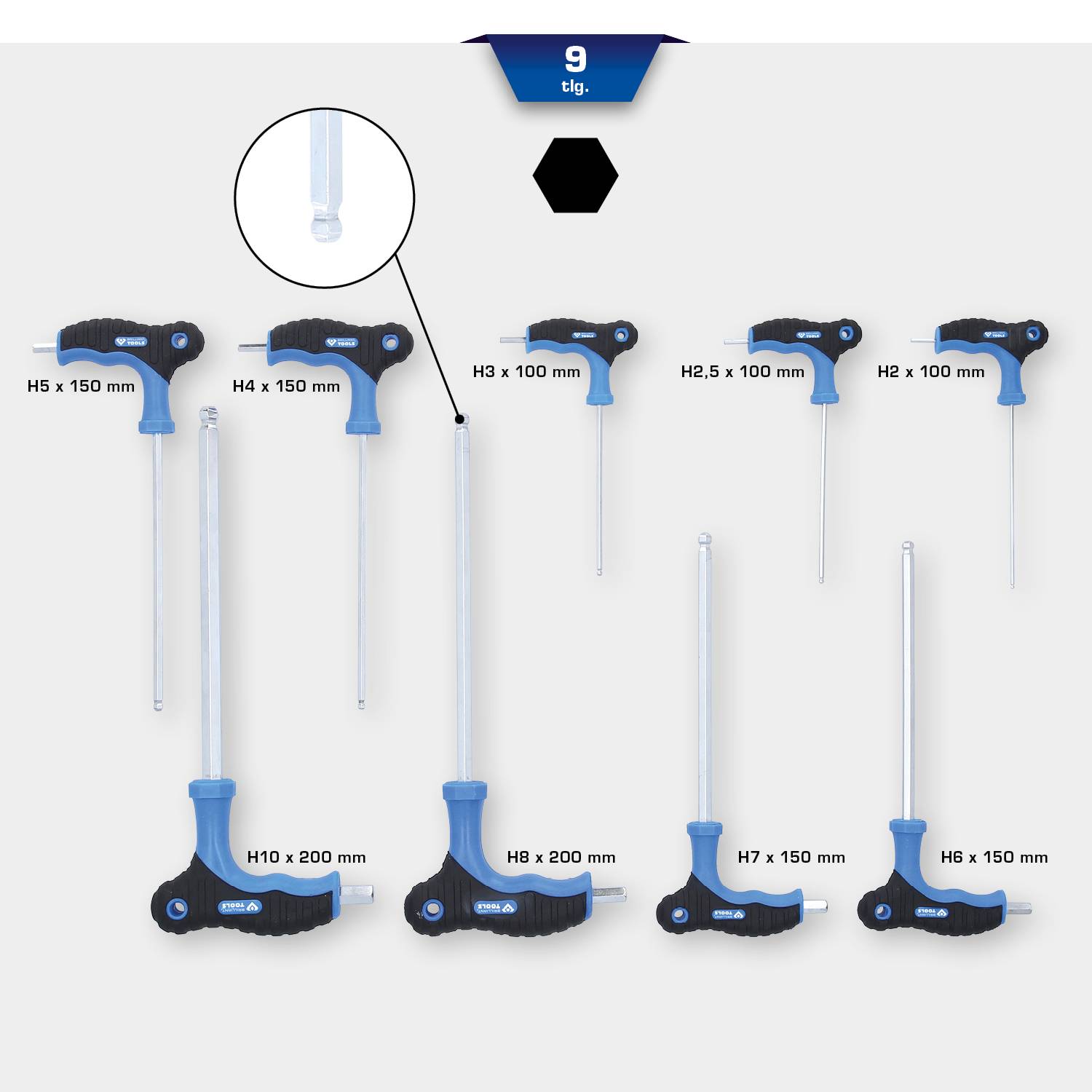 Obrázek zobrazuje sadu 9 šestihranných šroubováků v různých velikostech, označených čísly od H2 do H10, s modrými rukojeti.