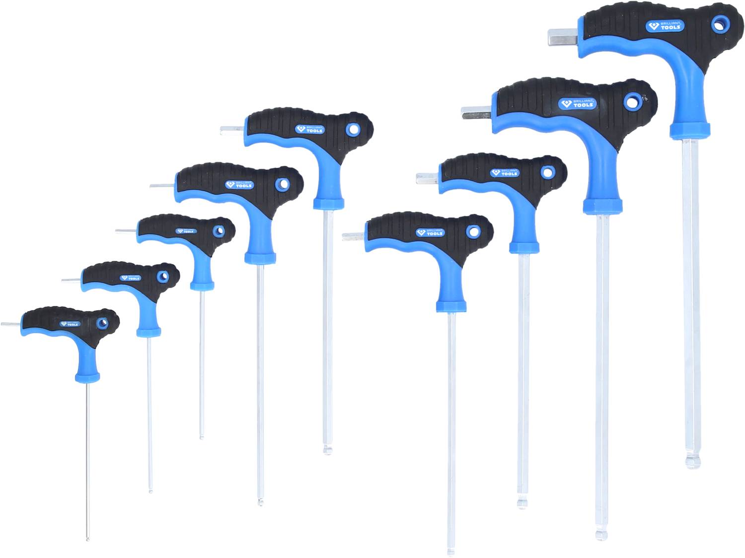 Sada devíti imbusoových klíčů s T-rukojetí různých velikostí, umístěná na bílém pozadí v černé a modré barvě.