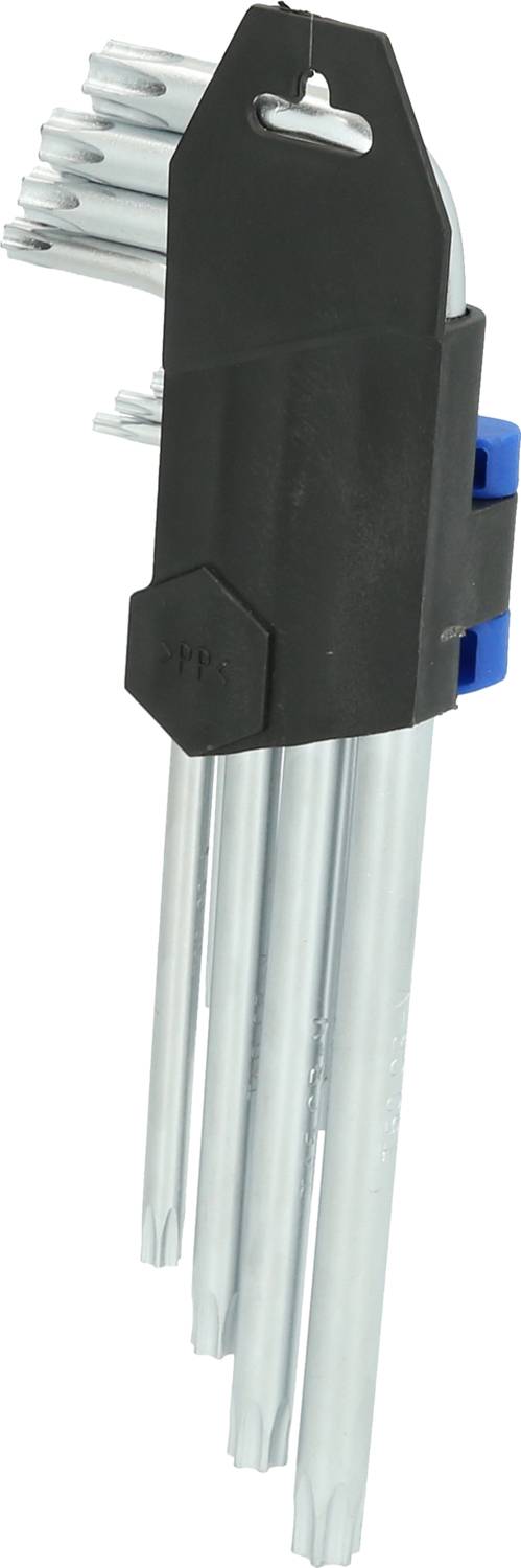 Sada torxových klíčů v různých velikostech upevněná v černém držáku. Ideální pro šroubovací práce.