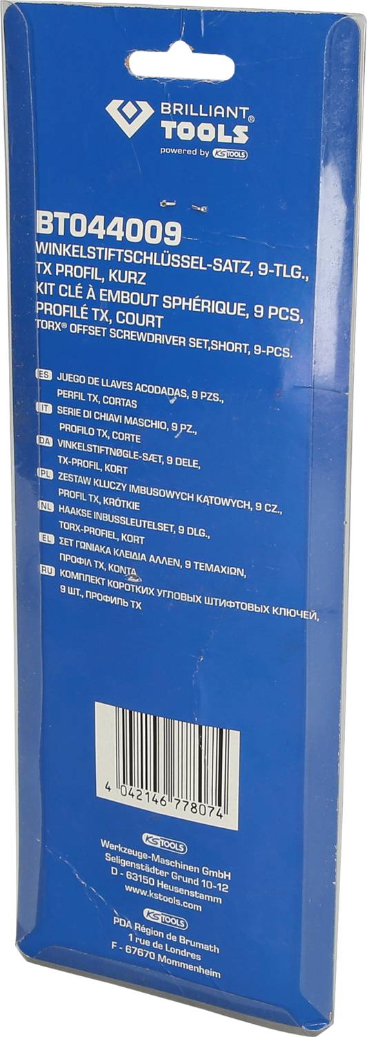 Obal sady 9 úhlových klíčů Brilliant Tools, TX profil, krátké provedení. Obsahuje produktové informace a čárový kód.