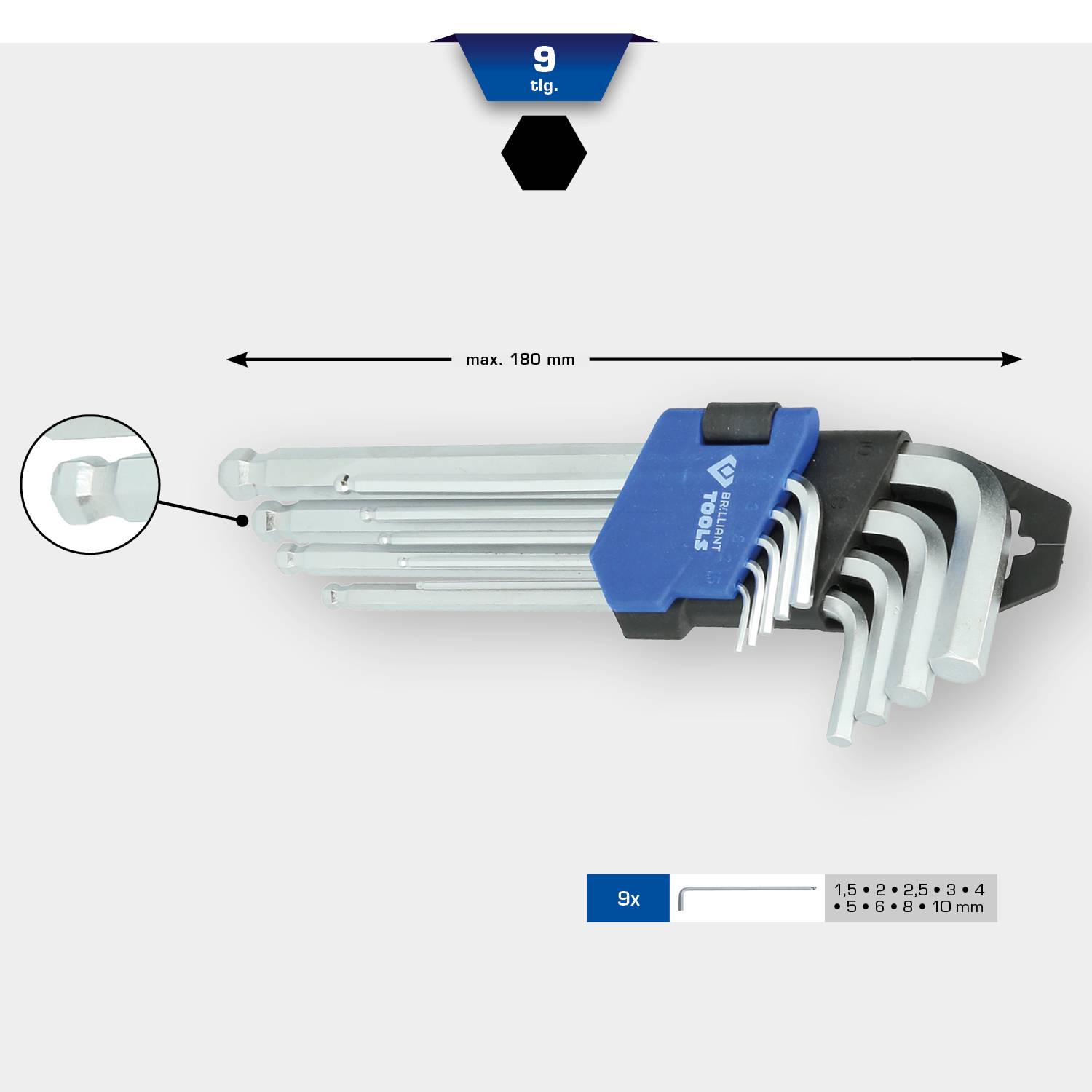 Devítidílná sada úhlových klíčů s maximální délkou 180 mm. Zobrazuje velikosti: 1,5 až 10 mm. Nástroj je stříbrné barvy s modrým držadlem.