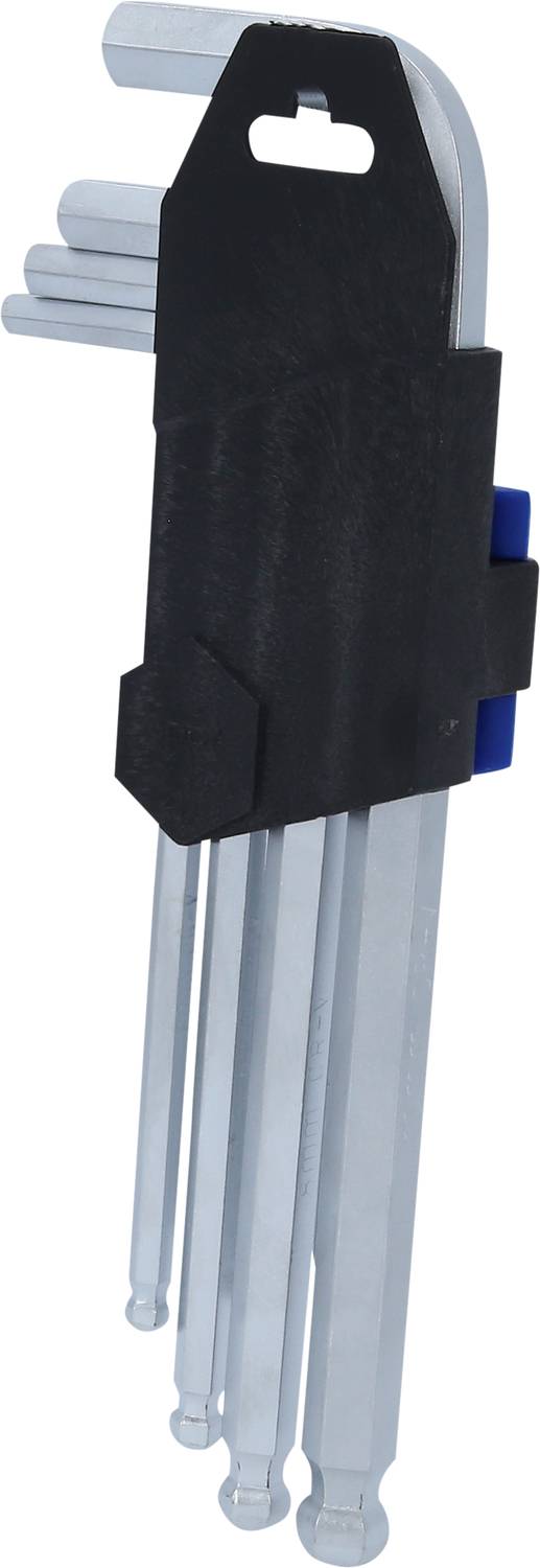 Sada inbusových klíčů v různých velikostech, umístěná v černém držáku.