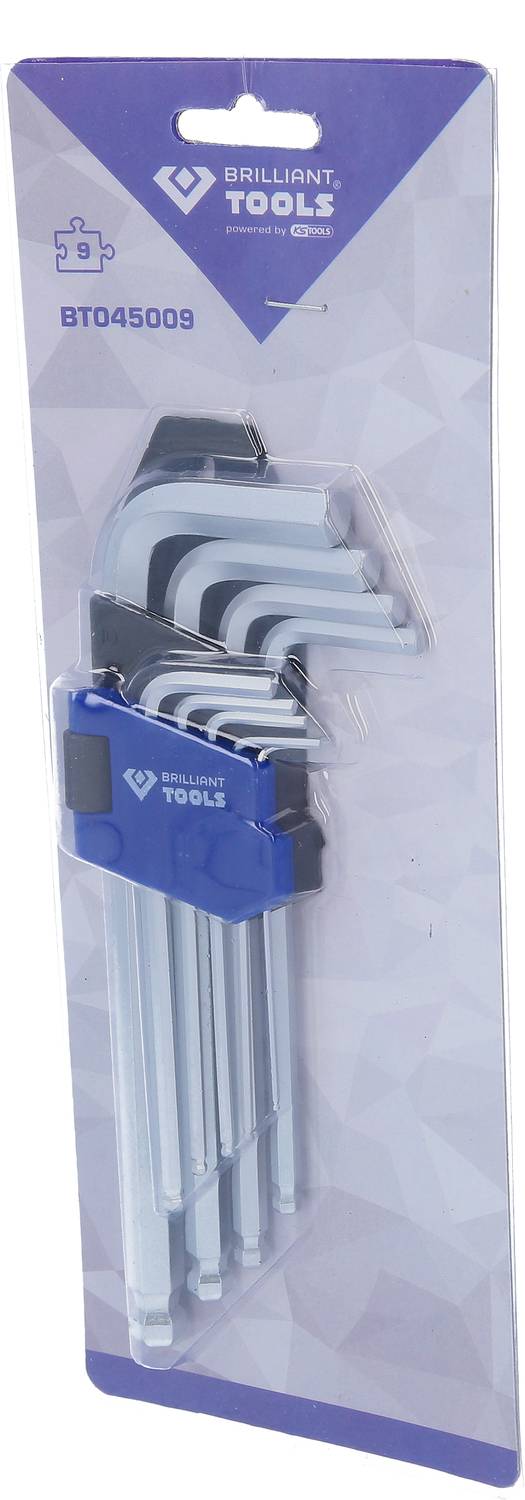 Sada devíti stříbrných šestihranných inbusových klíčů různých velikostí, zabalená v blistrovém obalu s modrou vložkou.