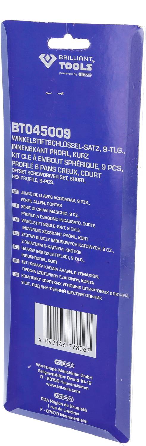 Balení sady úhlových inbusových klíčů, 9 dílů, Brilliant Tools BT045009, obsahuje krátké vnitřní profilované klíče.