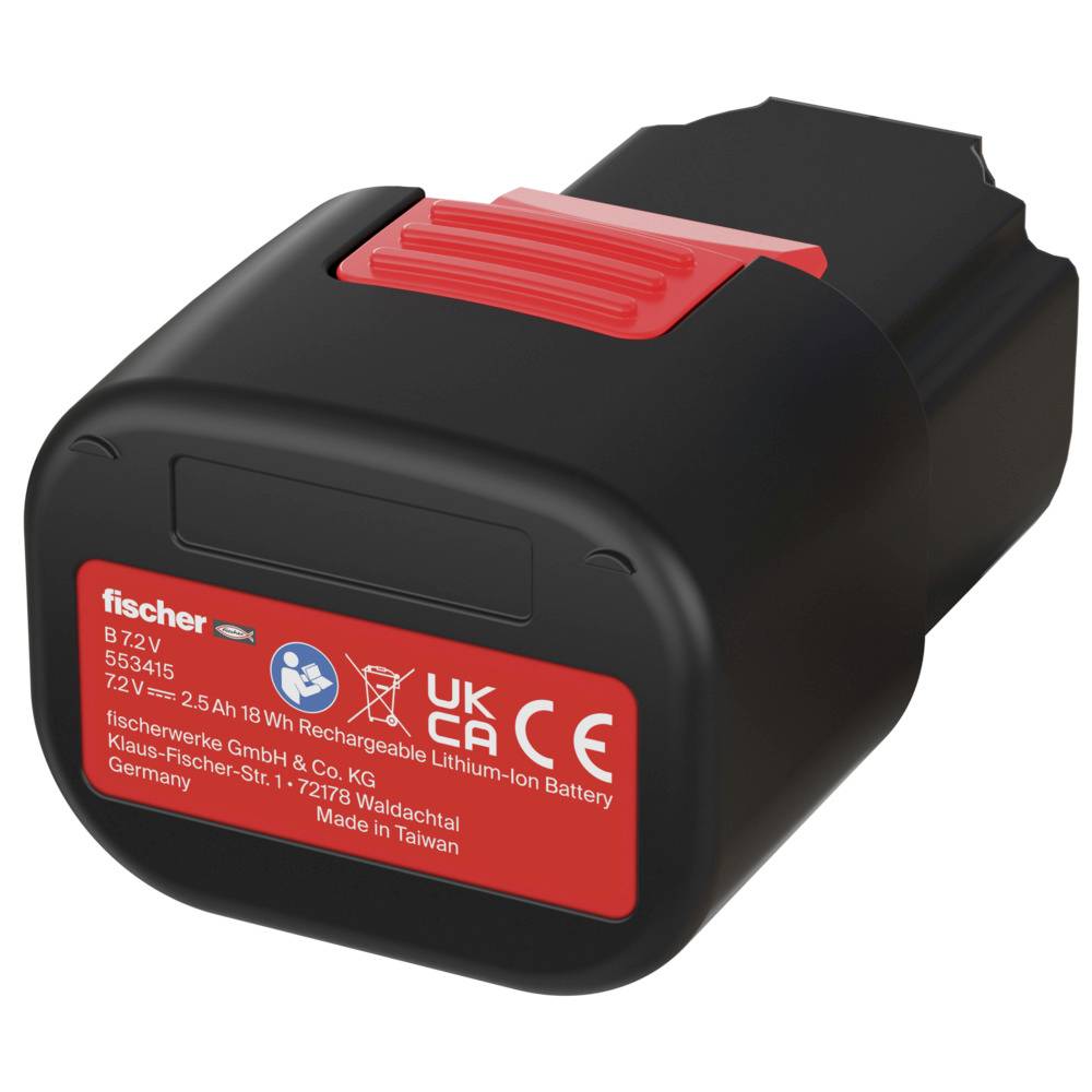 Dobíjecí lithium-iontová baterie Fischer, 7,2V, 2,5Ah, 18Wh, s certifikací UKCA a CE. Vyrobeno na Tchaj-wanu.