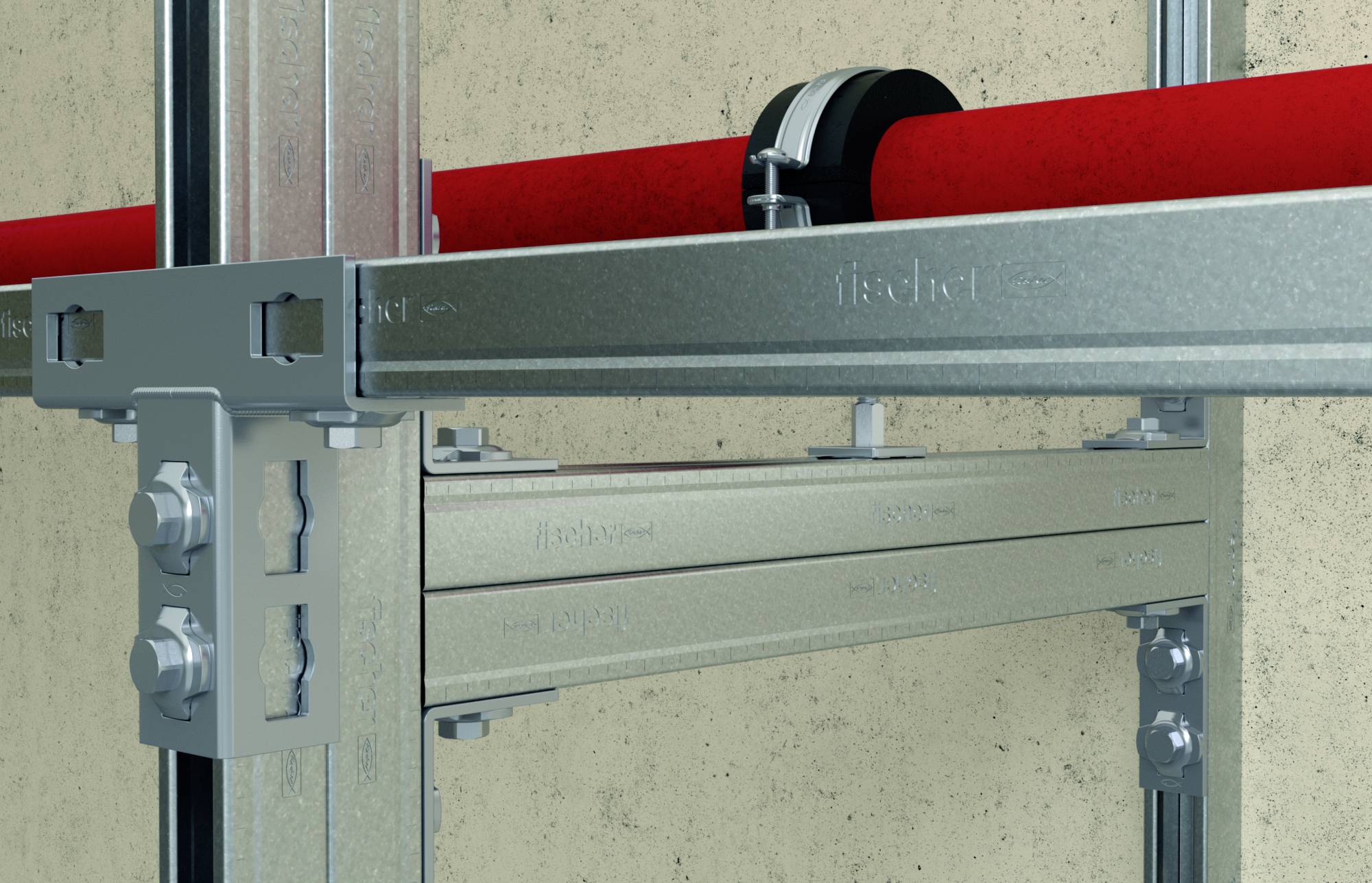 Kovové systémy úchytů potrubí na betonové stěně, s upevněným červeným potrubím. Vhodnost pro stavební konstrukci předvedena.