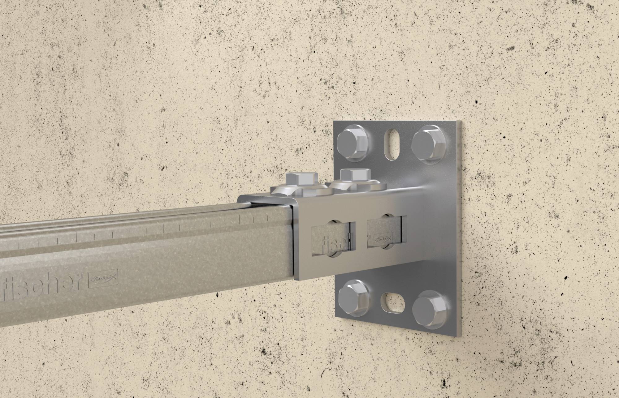 Kovový nosný systém namontovaný na betonové stěně; ukazuje úchyt se šrouby pro robustní upevnění.