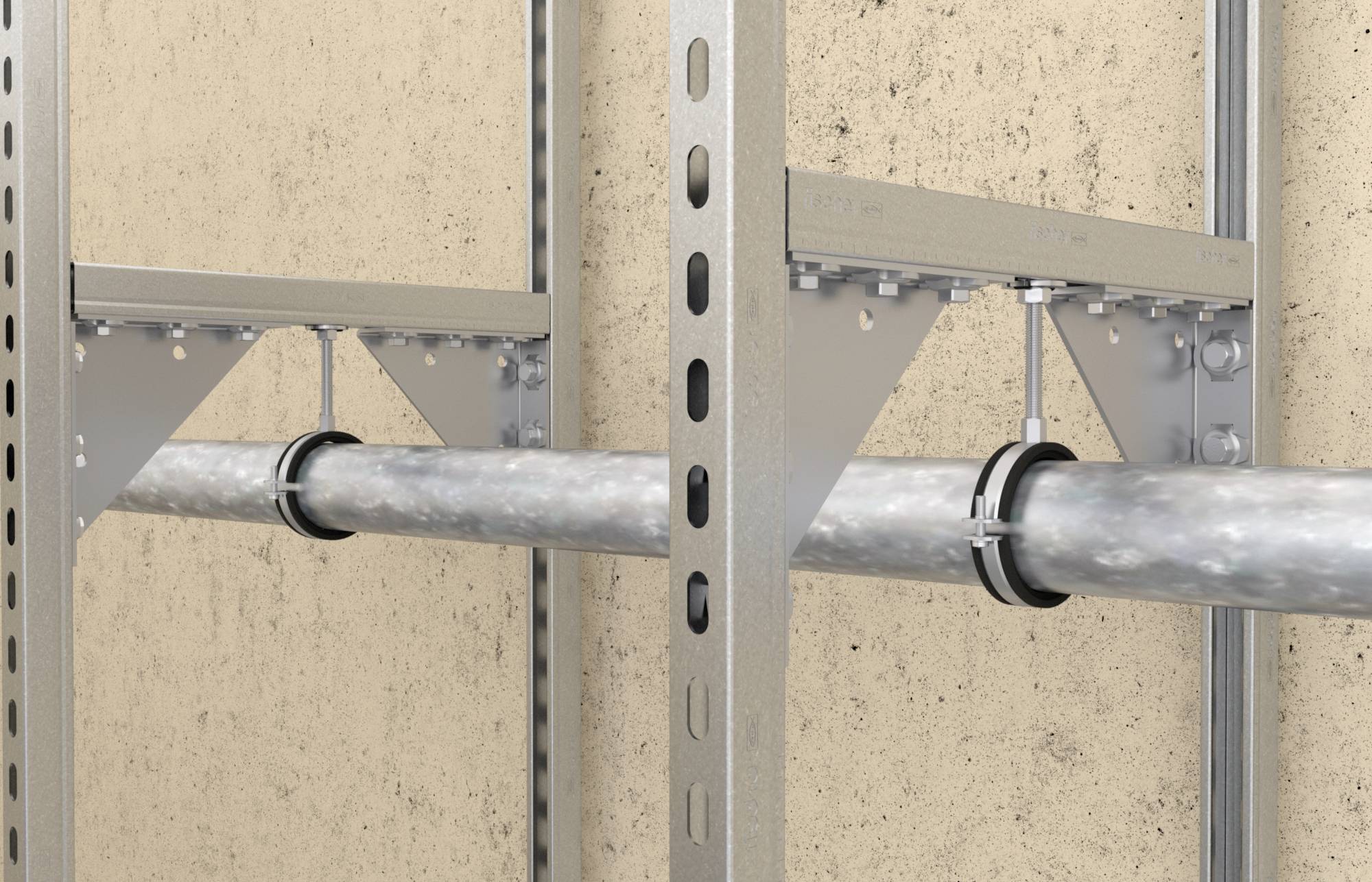 Kovová konzole upevňuje potrubí na stěně. Konzole se skládá ze dvou podpěr a šroubů, které potrubí stabilizují.