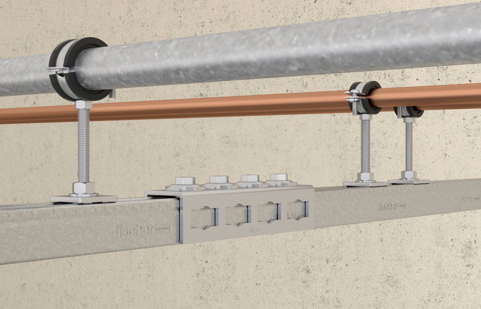 Kovové trubky upevněné na betonové stěně, zajištěné několika potrubními svorkami pro stabilizaci. Velká a malá trubka namontované paralelně vedle sebe.