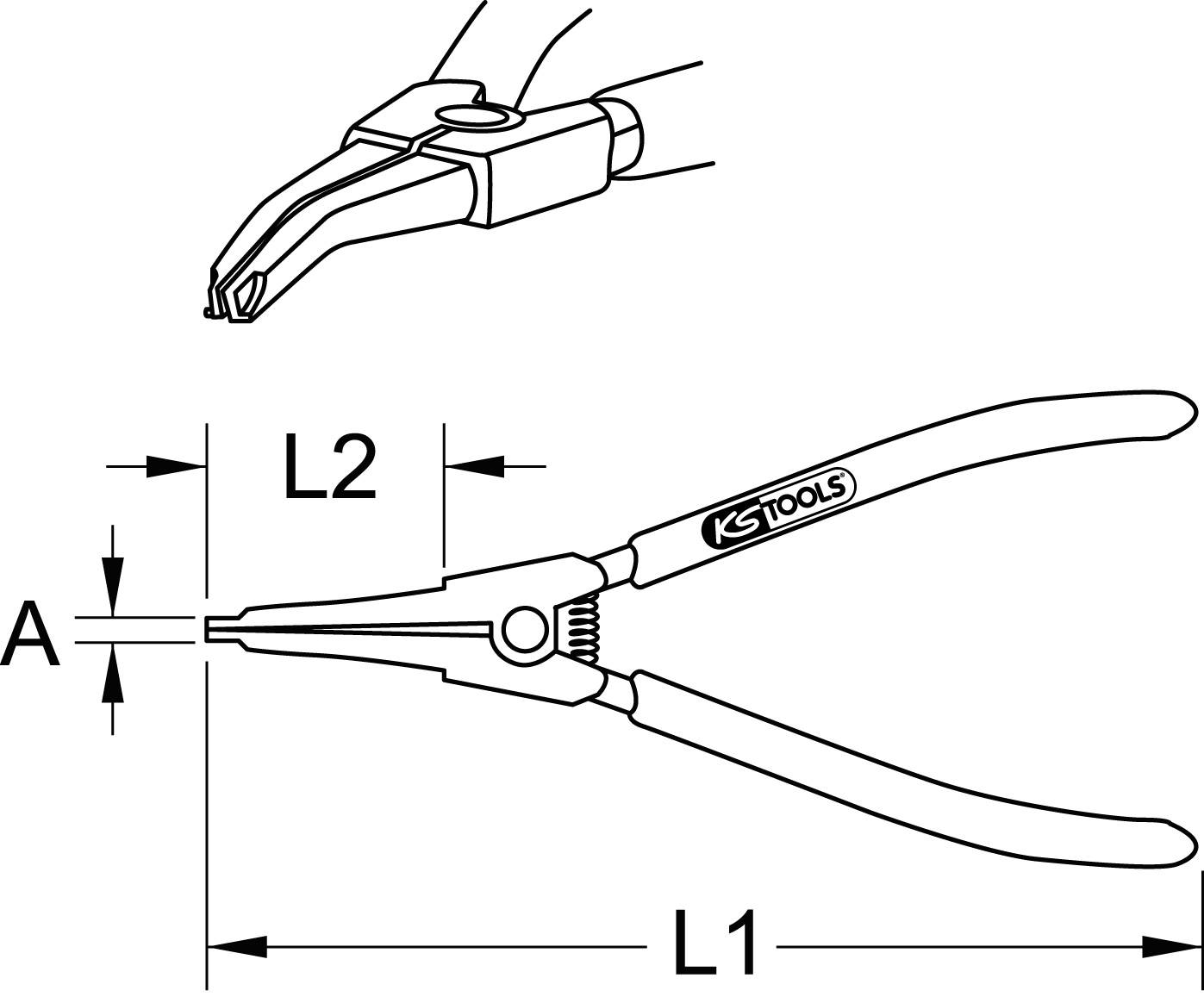 Technický výkres kleští na pojistné kroužky od KS Tools se zobrazenými rozměry L1, L2 a A. Znázorňuje kleště v uzavřené poloze.