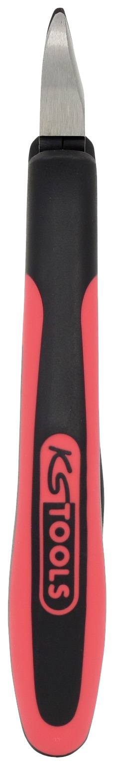 Praktický černočervený škrabka na zeleninu s ergonomicky tvarovanou rukojetí a ostrou kovovou čepelí, ideální pro loupání.