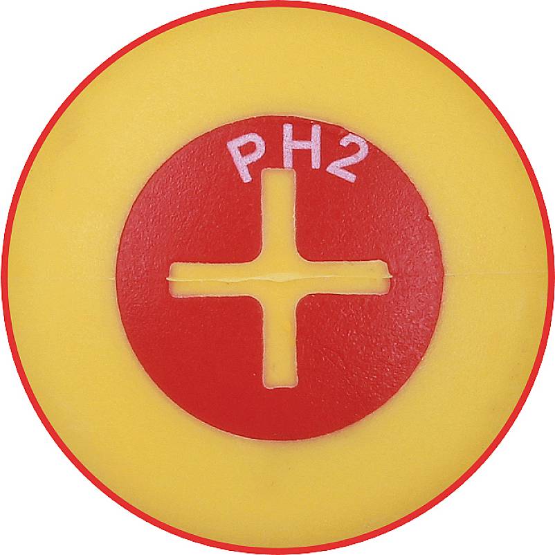 Křížový šroubovací hlava se značením červeného bodu PH2; žluté pozadí.