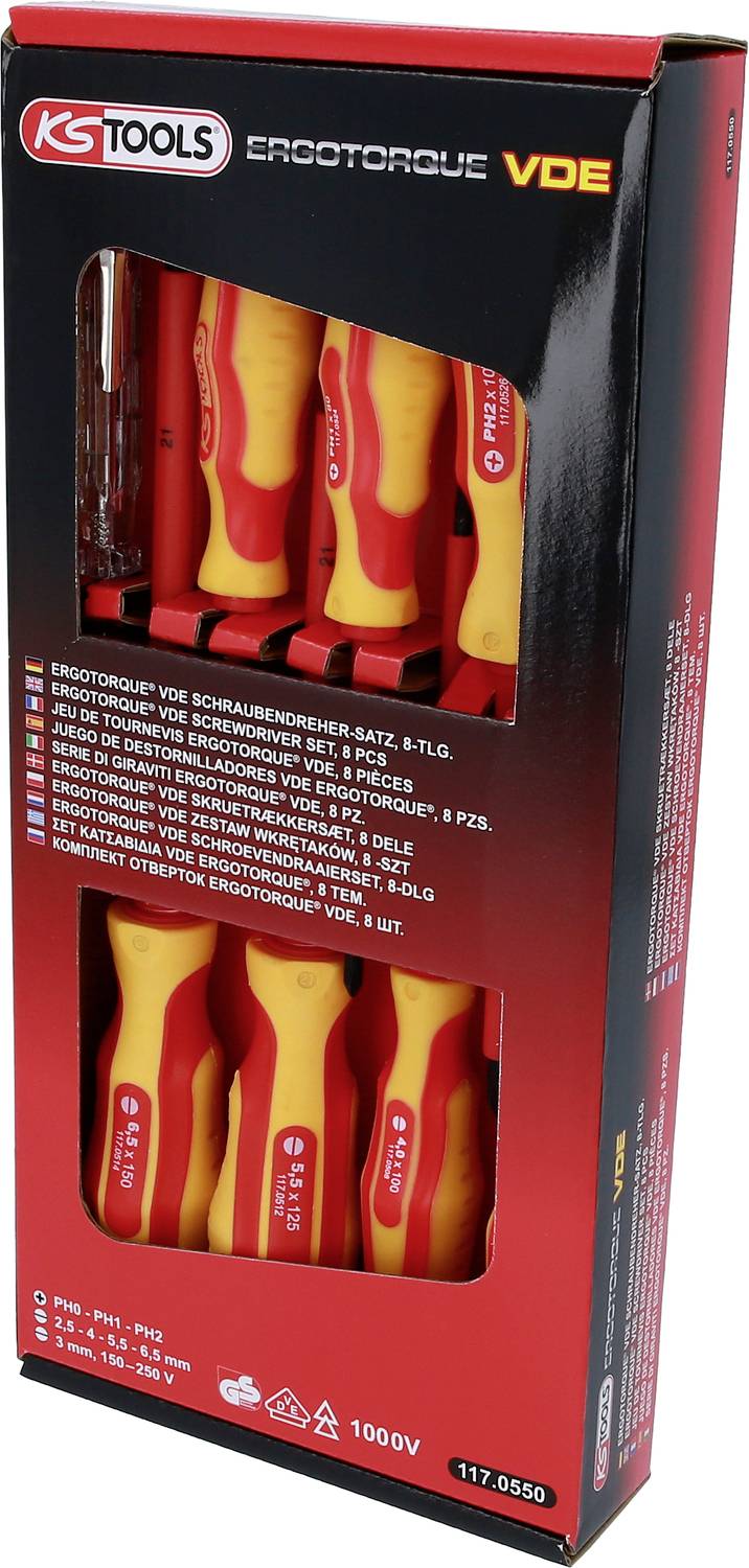 Balení sady VDE šroubováků KS Tools o 8 kusech. Zobrazuje nástroje v jejich oddílech s žluto-červeným designem rukojeti.