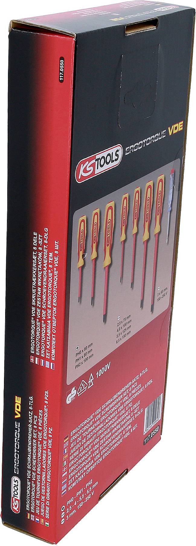 Balení s obrázkem sedmi izolovaných šroubováků. Značka 'KS Tools', opatřeno technickými údaji a oblastí použití.