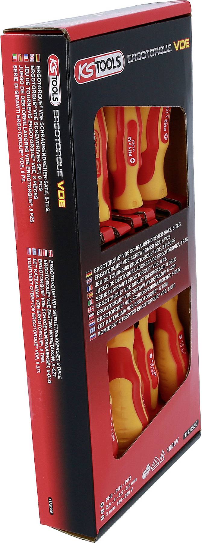 Sada izolovaných šroubováků od KS Tools v červeném obalu. Vhodné pro práce do 1000 V. Obsahuje několik velikostí.