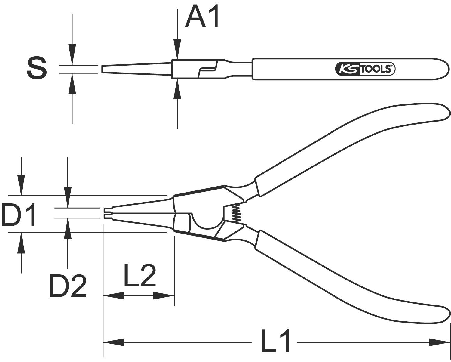 Výkres precizních kleští s rozměry nářadí v milimetrech. Popisy: 'S', 'D1', 'D2', 'A1', 'L1', 'L2'.