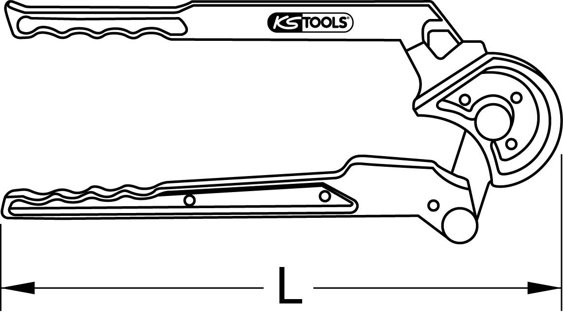 Kresba kleští na vodní čerpadlo s pákovým mechanismem, s popiskem 'KS TOOLS'. Rozměr 'L' uveden, rukojeti s protiskluzovou strukturou.