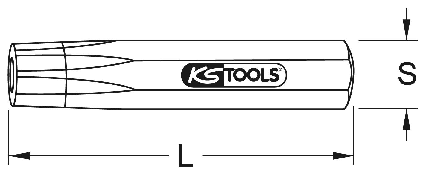 Obrázek nástrčné hlavice s logem KS Tools. Popsána písmenem 'L' pro délku a 'S' pro velikost klíče.