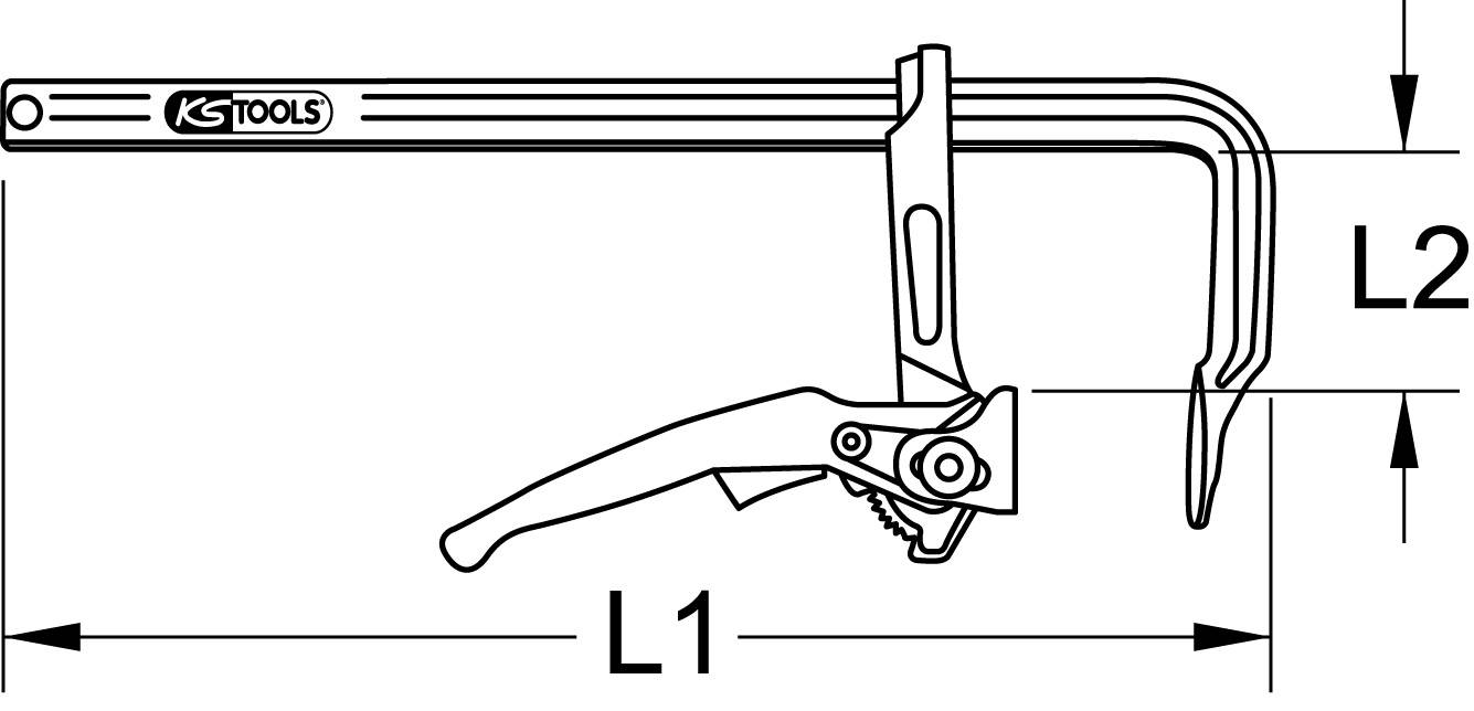 Nákres svěrky se sponovým mechanismem. Rozměry L1 a L2 jsou vyznačeny. Na rukojeti je uveden název výrobce 'KS Tools'.