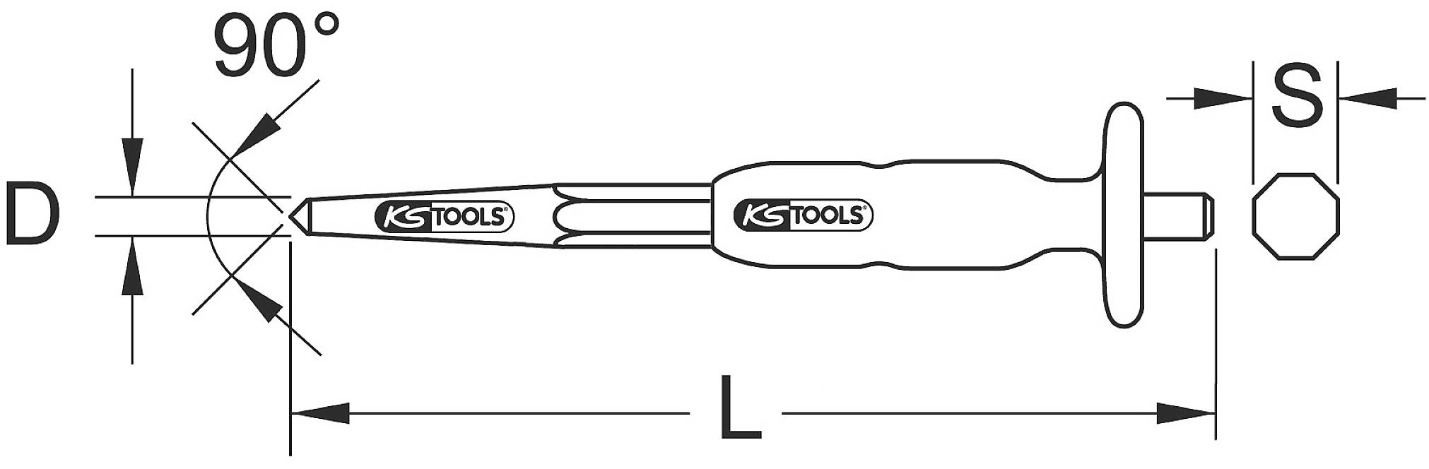 Diagram měřicího nástroje od KS Tools s rozměrovými údaji: L pro délku, D pro průměr a S pro šestihran. Hrot je kužel o úhlu 90°.
