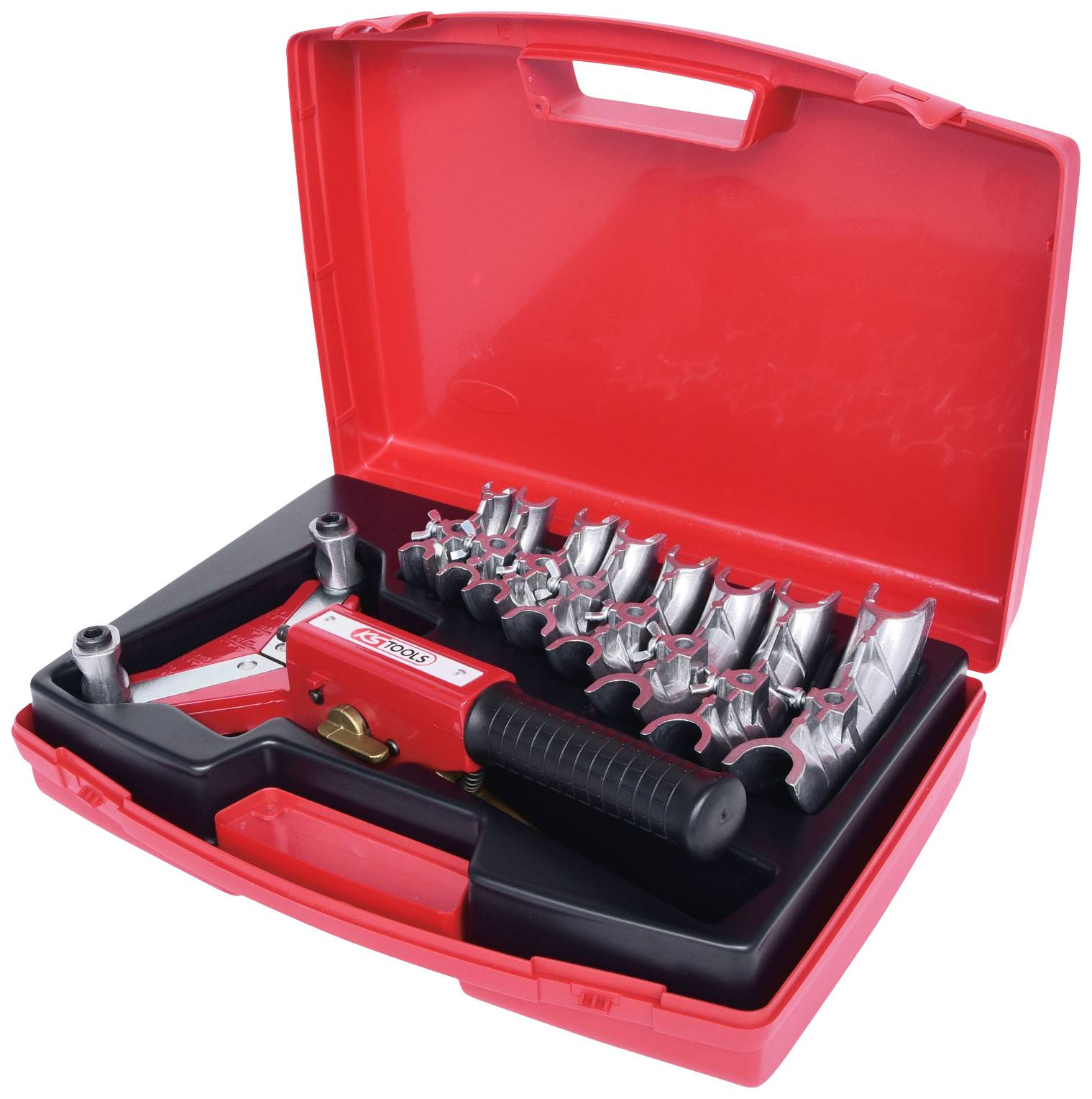 Červený plastový kufřík s nýtovací kleští a devíti různými nástavci, které jsou pečlivě uloženy do oddílů.