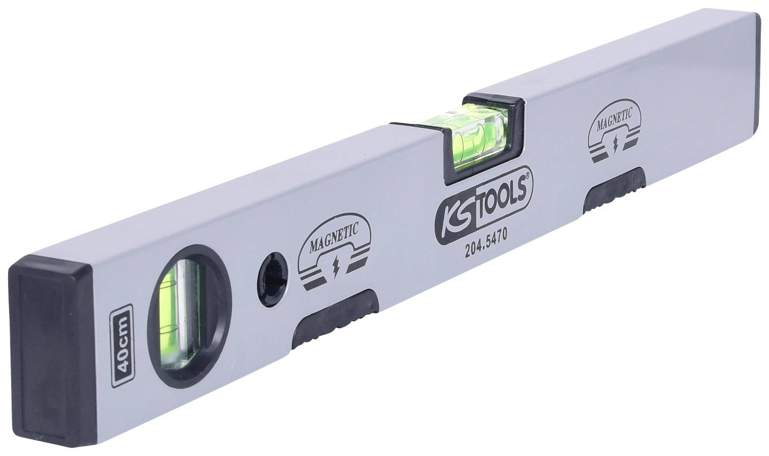 Vodováha z kovu, 40 cm dlouhá, se dvěma libelami pro horizontální a vertikální vyrovnání, značka 'KS Tools'.