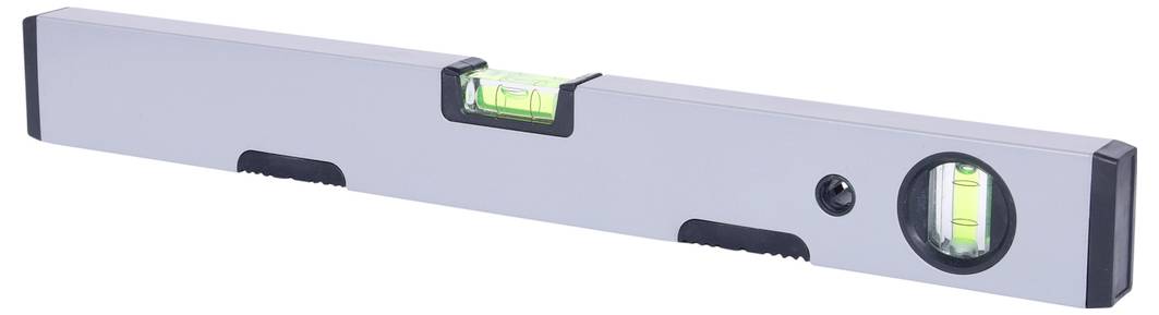 Kovová tesařská vodováha se dvěma bublinkovými libellami, jednou pro vodorovné vyrovnávání a jednou pro svislé vyrovnávání.