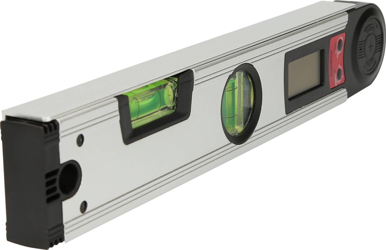 Stříbrná vodováha se zelenou libelou a digitálním displejem, která se používá k měření rovinnosti a úhlů.