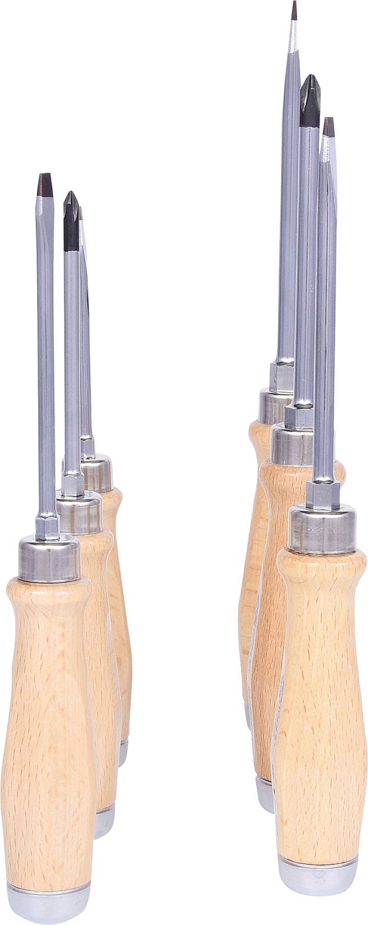 Šest šroubováků se dřevěnými rukojeťmi v různých velikostech stojí vzpřímeně vedle sebe a ukazují své čepele.