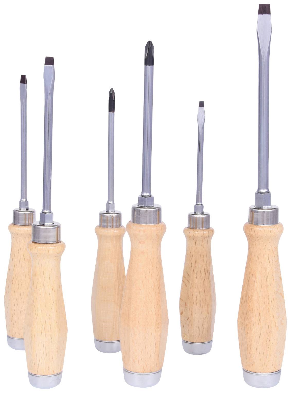 Šest šroubováků s dřevěnými rukojeťmi stojí vedle sebe. Liší se velikostí a typem hrotu.