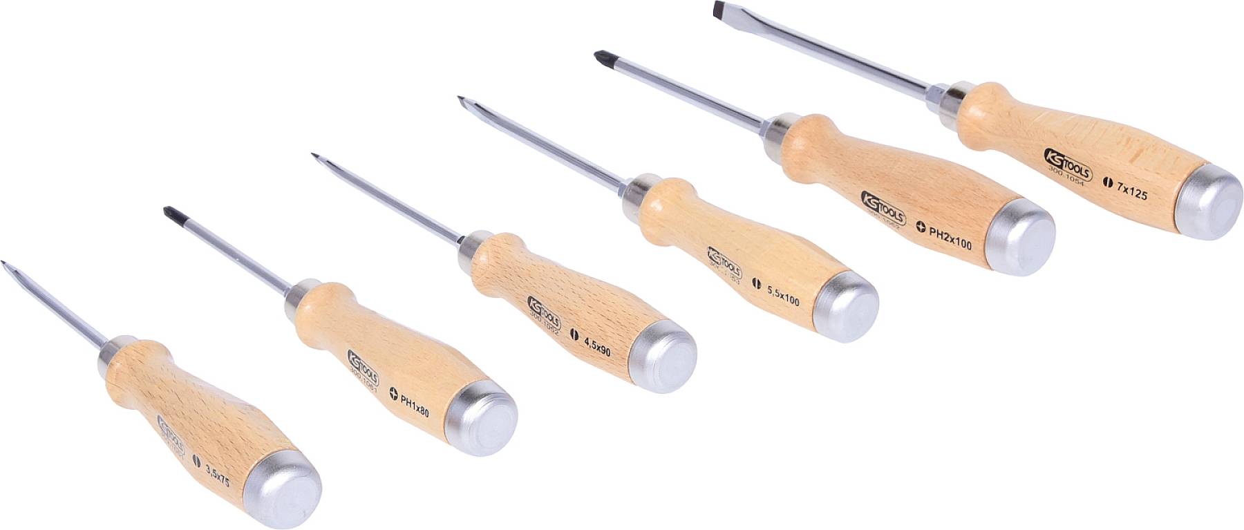 Šest šroubováků s dřevěnými rukojeťmi v různých velikostech, seřazených vedle sebe, s plochými a křížovými čepelemi.