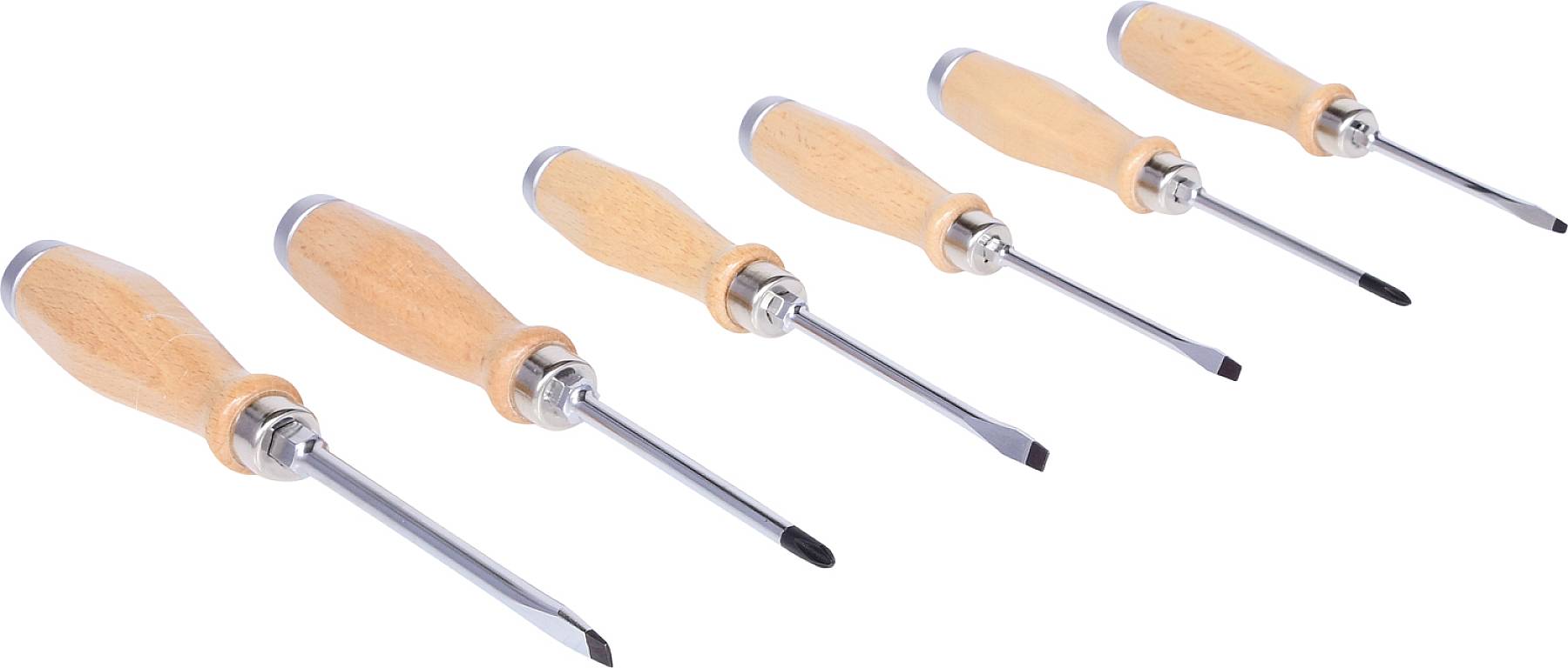Šest šroubováků se dřevěnými rukojeťmi v různých velikostech, seřazených od největšího po nejmenší, leží vedle sebe na bílém pozadí.