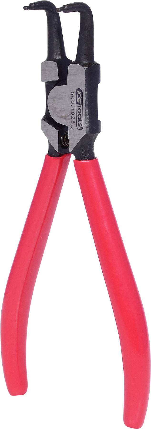 Kleště s červenými rukojeťmi a černými hroty, používané pro pero kroužky nebo pojistné kroužky. Ideální pro mechanické práce.