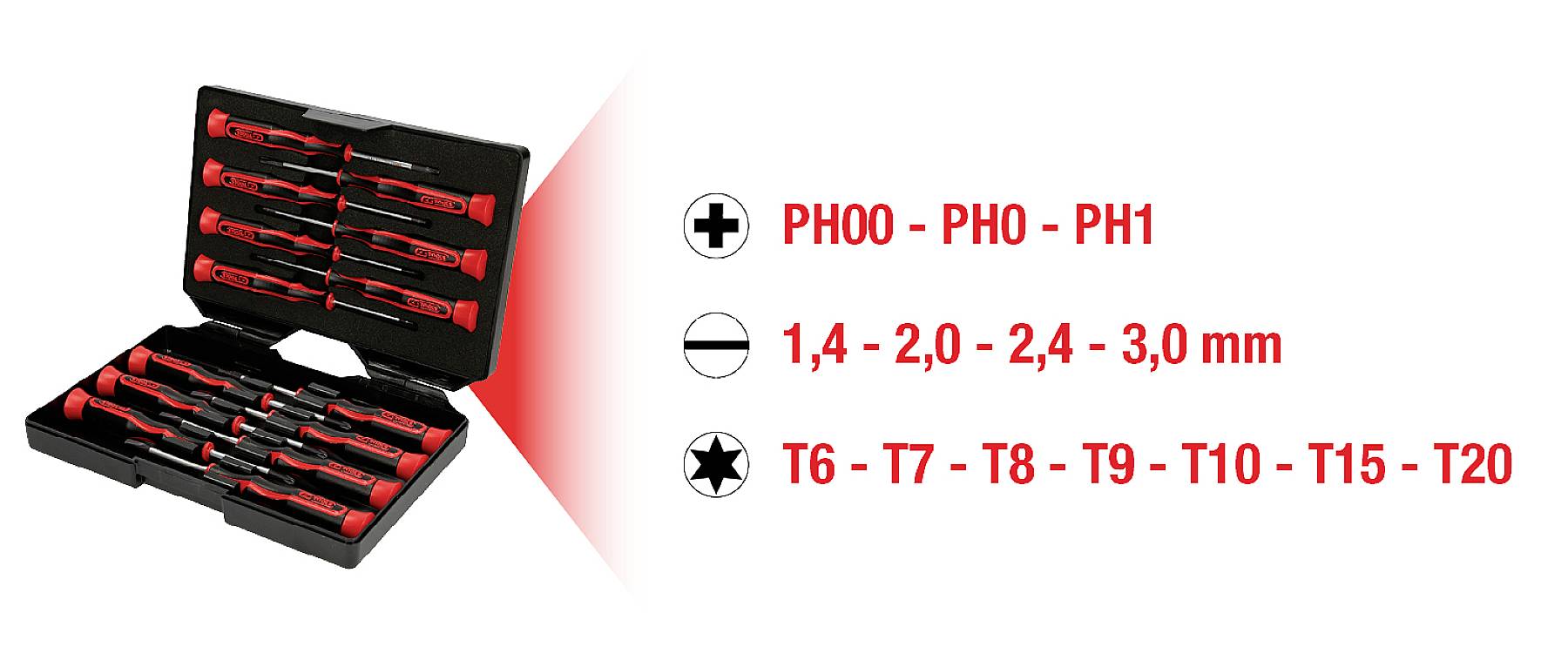 Sada šroubováků v kufříku s různými velikostmi: křížové (PH00-PH1), ploché (1,4-3,0 mm), torx (T6-T20).