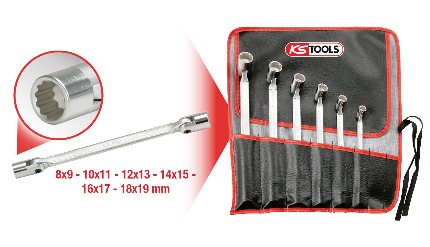 Sada osmi nástrčných klíčů s kroužkem v černém a červeném pouzdře, velikosti 8x9 až 18x19 mm, značka KS Tools.