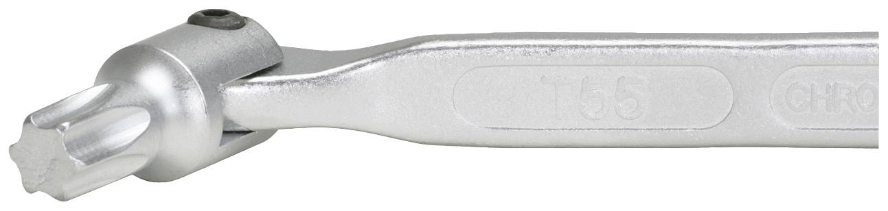 Detailní záběr stříbrného klíče s hlavou T55, určeného speciálně pro šrouby Torx.
