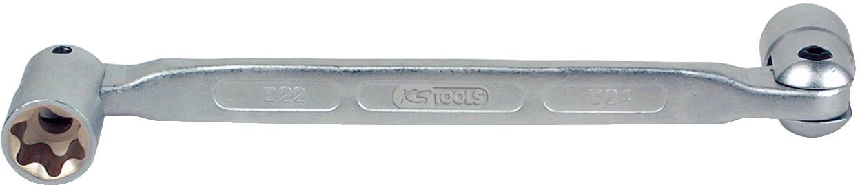 Stříbrný oboustranný ráčnový klíč se dvěma různými velikostmi na koncích, vyrobený společností KS Tools.
