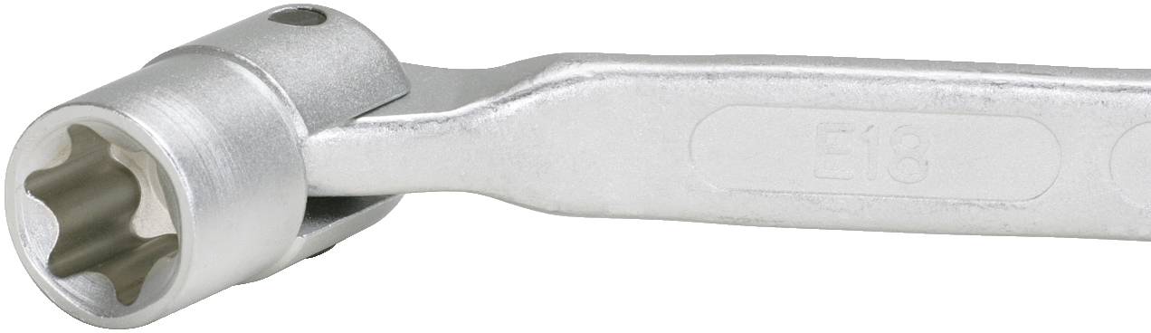 Stříbrný stavitelný klíč s šestihranným otvorem ve tvaru Torx a nápisem 'E18' na rukojeti.