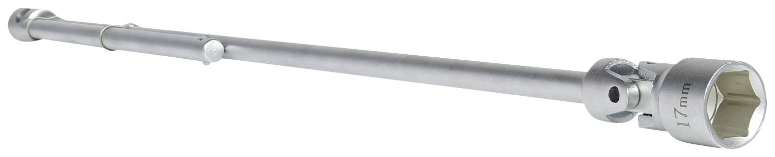 Stříbrný momentový klíč s 17mm nástavcem, určený pro montáž nebo demontáž matic a šroubů.