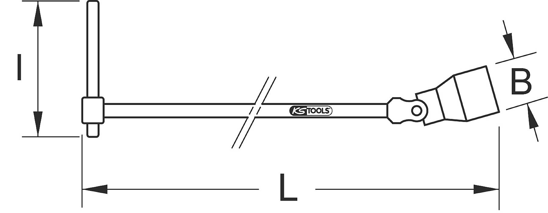 Diagram flexibilního nástrčného klíče s pákovým držadlem, označený rozměry L a B, od společnosti KS Tools.