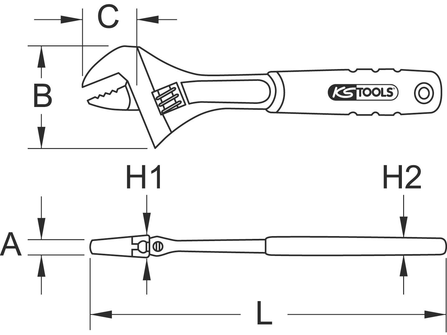 Technický výkres nastavitelného klíče s vyznačenými rozměry: A, B, C, H1, H2 a L. Značka: KS Tools.