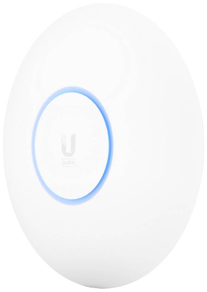 Bílý, kulatý Wi-Fi přístupový bod s modrým svítícím kruhem uprostřed, vhodný pro montáž na stěnu nebo strop.