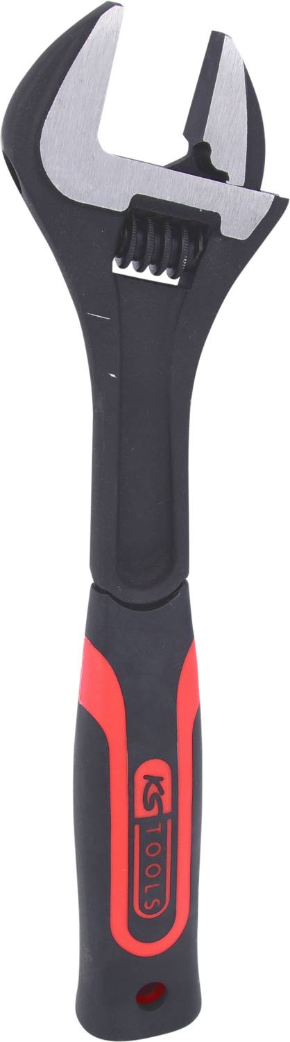 Nastavitelný klíč s černou rukojetí a červenými akcenty, vhodný pro uchopení a otáčení různých šroubů a matic.