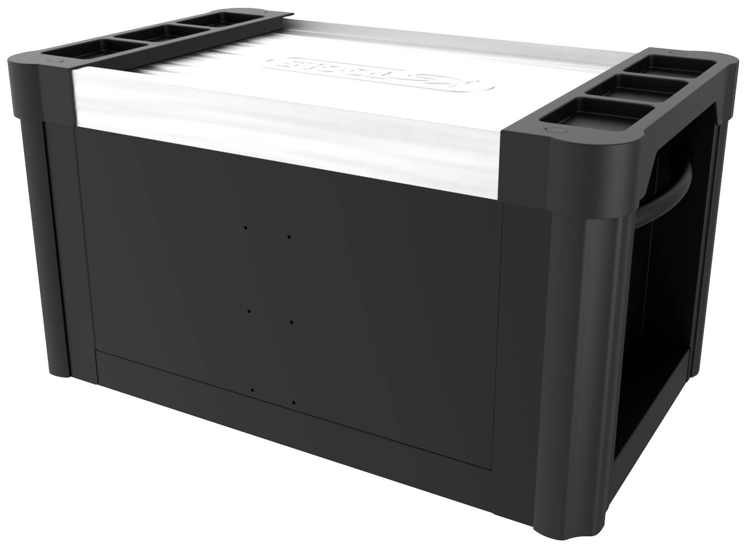 Plastový úložný box s integrovanou rukojetí po straně, robustní konstrukce, vhodný pro všestranné skladování.
