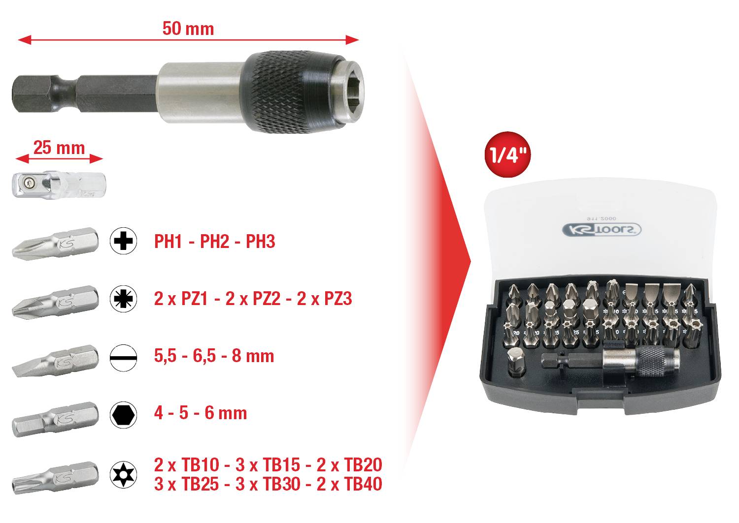 Sada bitů s držákem: Různé bity včetně PH1-3, PZ1-3, Torx TX10-40, šestihranné 5,5-6 mm. Délka držáku 50 mm, délka bitu 25 mm.