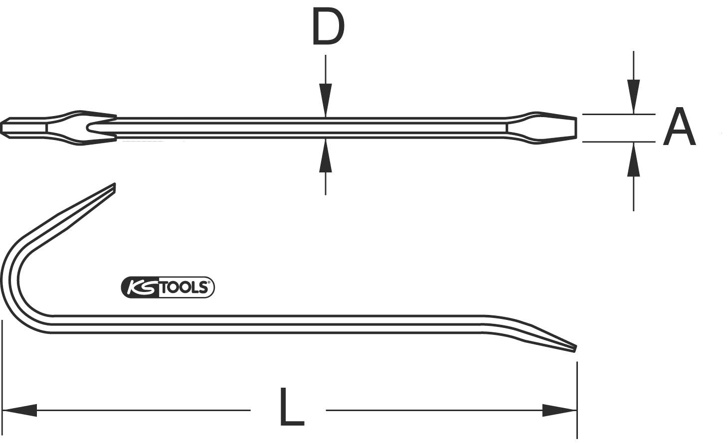 Diagram nástroje 'KS Tools' pro páčidlo zobrazuje rozměry 'A', 'D' a 'L'.